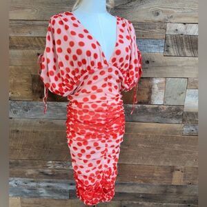 Vertigo Paris Red Pink Polka Dot Ruched Midi Dress NWT Size Medium VT32804D